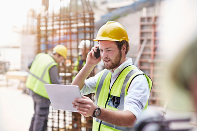 Bauingenieur mit Tablet auf Baustelle